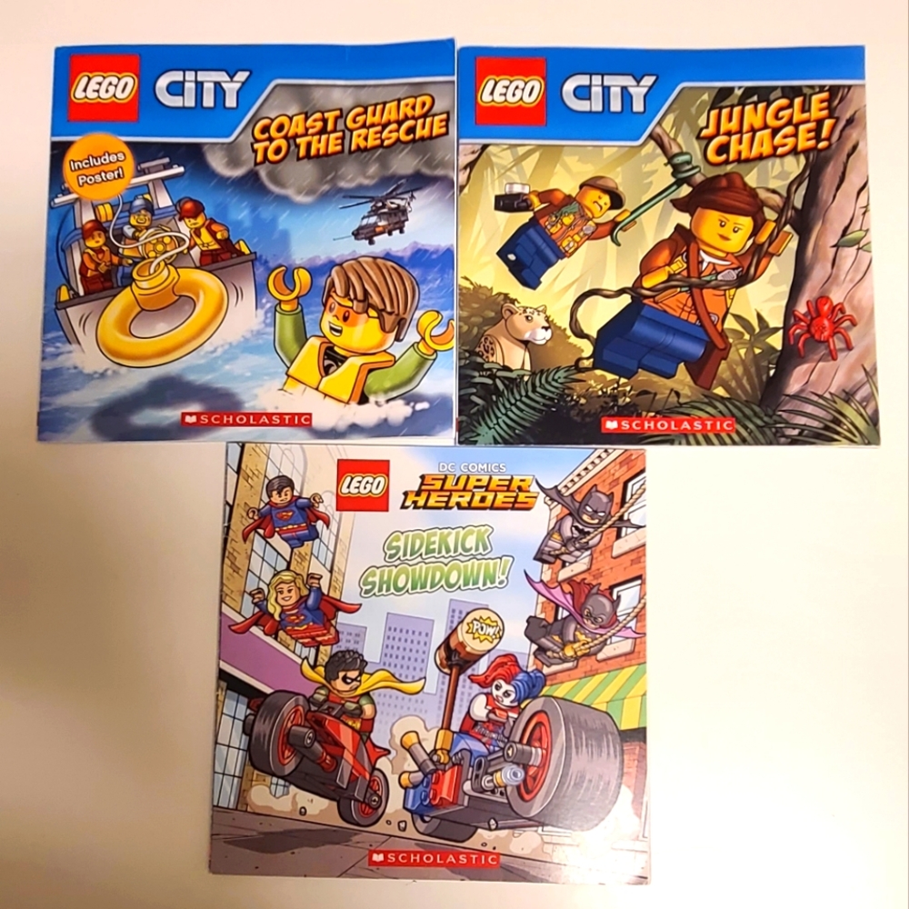 Lego city 3 books Superheros / Jungle Chase / Coastguard to a rescue with poster